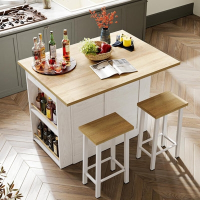 White Kitchen Island Set With Stools Glass Front Storage