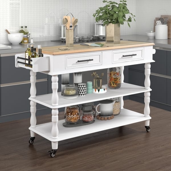 White Kitchen Island Slatted Shelf Wood Top Mobile Island with Wood Top