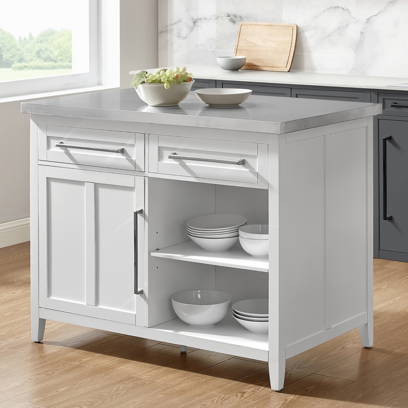 White Kitchen Island Stainless Steel Top Cabinet Doors Slatted Shelf