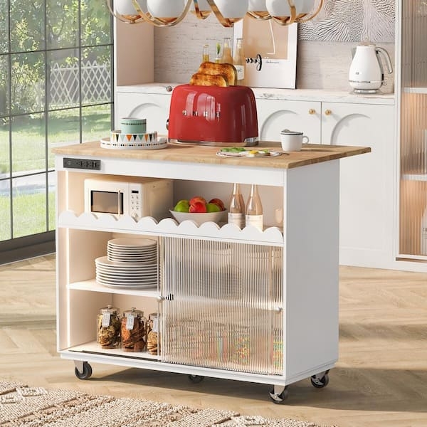 White Kitchen Island with LED Lighting and Fluted Glass Doors