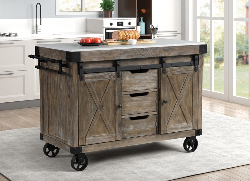 White Kitchen Island With Seating, Turned Legs And Stone-Like Top