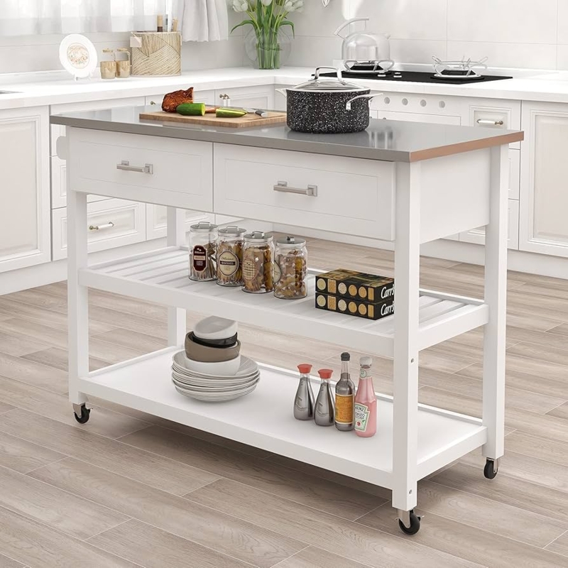 White Kitchen Island with Stainless Steel Top and Slatted Shelving, Portable