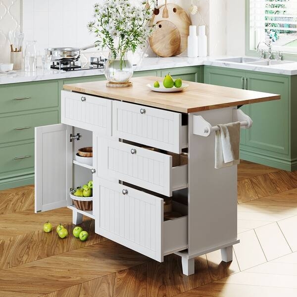 White Kitchen Island With Stools Set, Drop-Leaf And X-Back Design