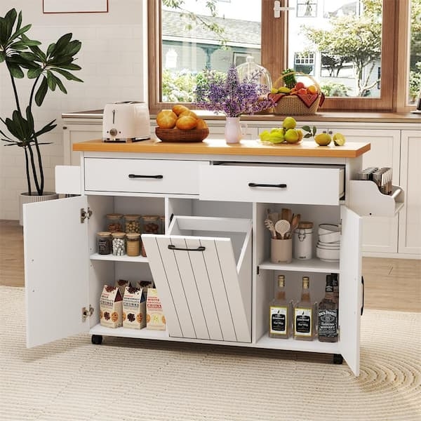 White Kitchen Island With Trash Storage, Wood Top And Open Shelving