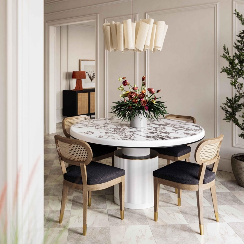 White Lacquer Pedestal Dining Table with Fluted Base and Glossy Finish