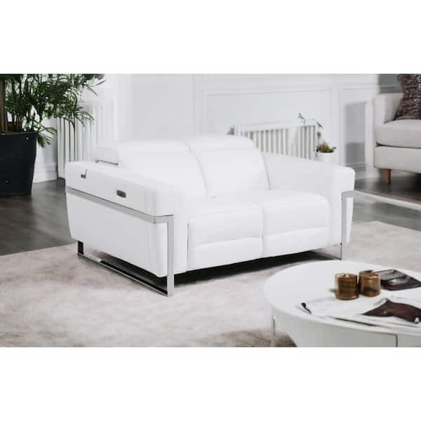 White Leather-like Loveseat featuring Square Arms and Sled-Style Legs.