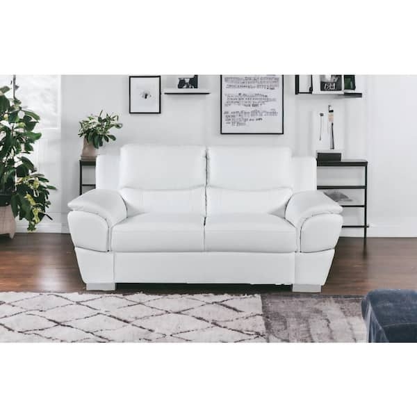White Leather-Like Loveseat: Square Track Arms and Tapered Wood Legs