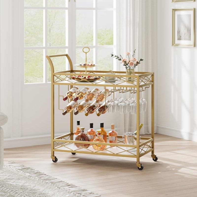 White Marble Look Bar Cart with Integrated Wine Storage Rack