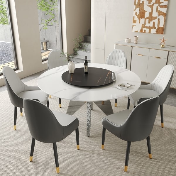 White Marble Table with Silver Legs Round Modern Angled Base