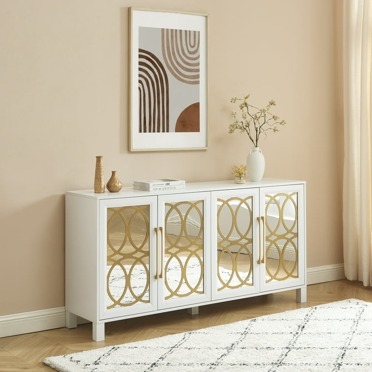 White Mirrored Buffet Cabinet with Geometric Circle Overlay