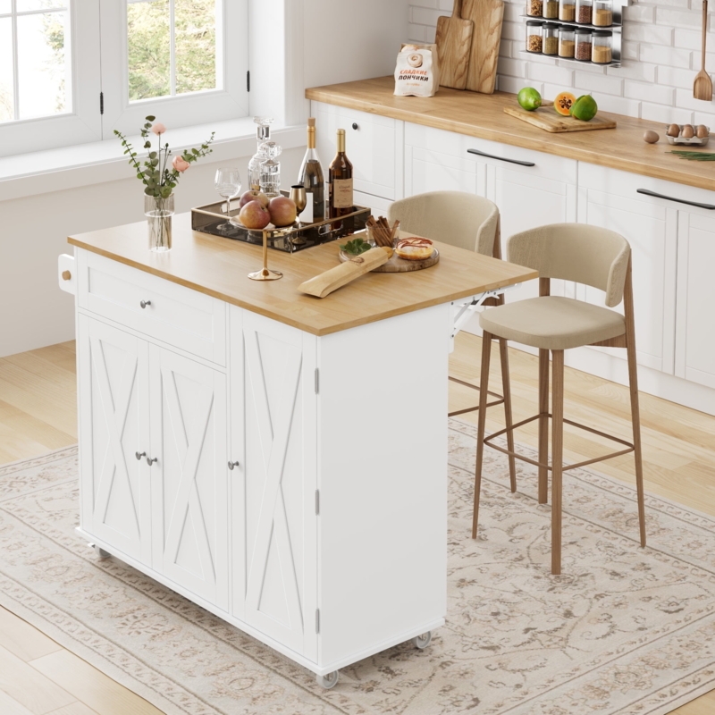 White Mobile Kitchen Island Cart with Drop Leaf and Spice Rack