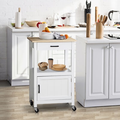 White Mobile Kitchen Island Cart with Slatted Shelves and Wood Top