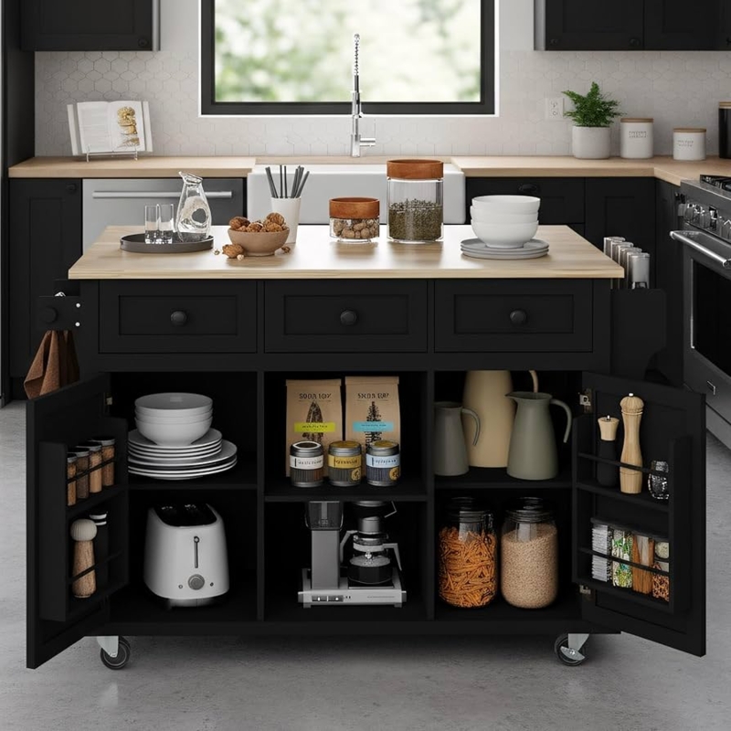 White Mobile Kitchen Island with Drop Leaf and Shaker Style Doors