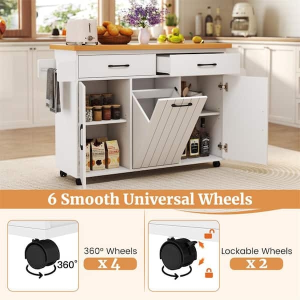 White Mobile Kitchen Island With Spice Rack And Tilt-Out Trash Bin