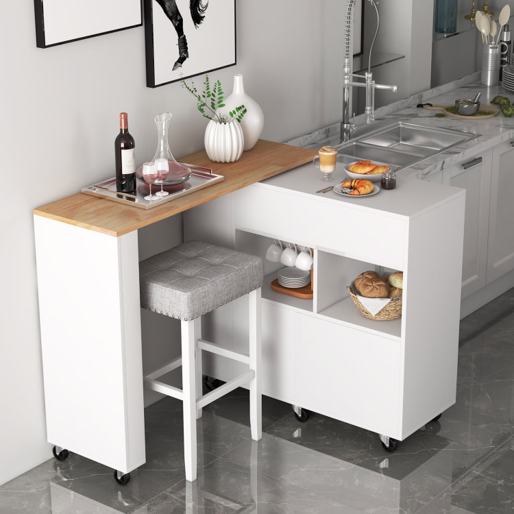 White Mobile Kitchen Prep Station with Side Spice Rack and Drop Leaf