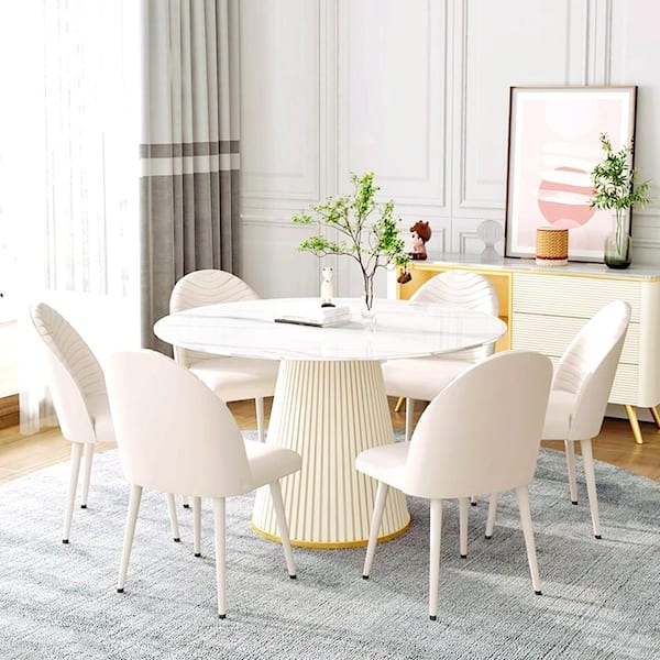 White Pedestal Dining Table Round Stone Top Minimalist Airy