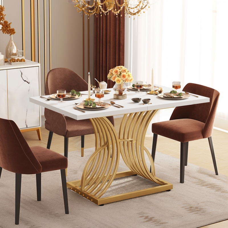 White Rectangular Dining Table with Tapered Metal Legs