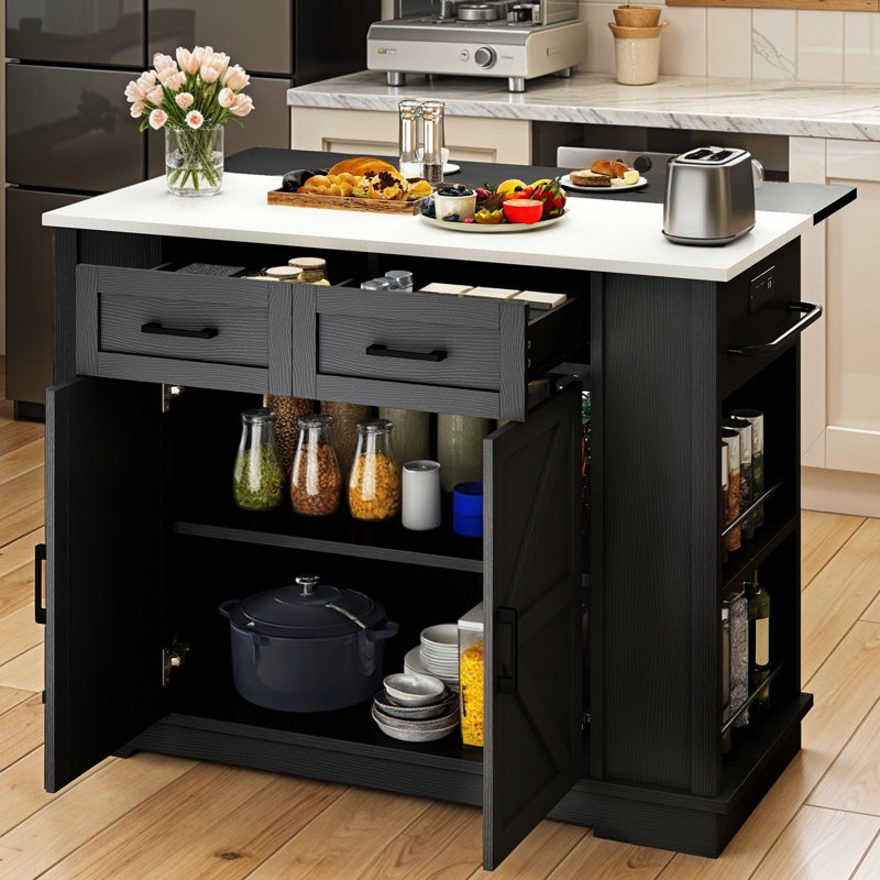 White Rolling Cart with Drop Leaf Countertop and Built-In Power Outlet.