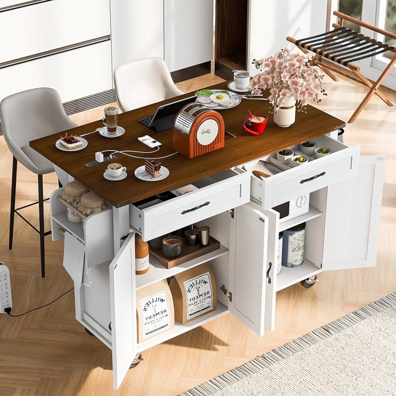 White Rolling Cart with Drop Leaf, Spice Rack, and Towel Bar