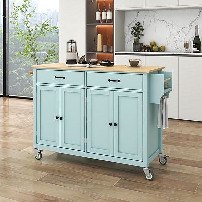 White Rolling Cart Wood Top with Two Tone Design and Spice Rack
