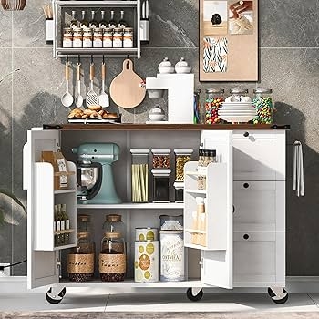 White Rolling Island Cart with Drop Leaf, Spice Rack, and Drawer