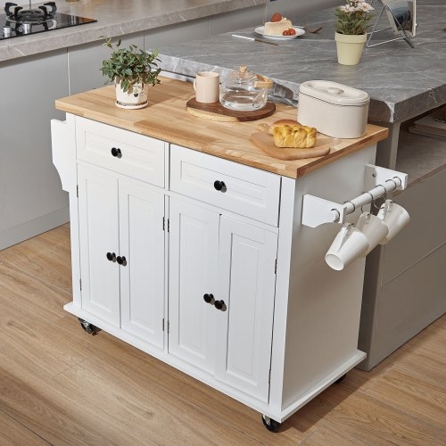 White Rolling Kitchen Cart Ideas with Wood Top & Spice Rack