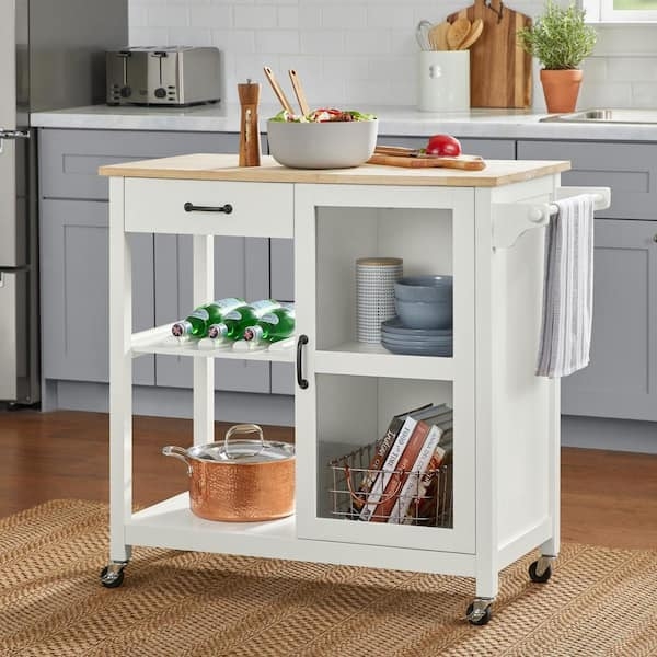 White Rolling Kitchen Cart with Butcher Block and Glass Panel Doors
