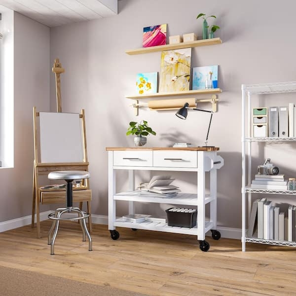White Rolling Kitchen Cart with Integrated Spice Rack