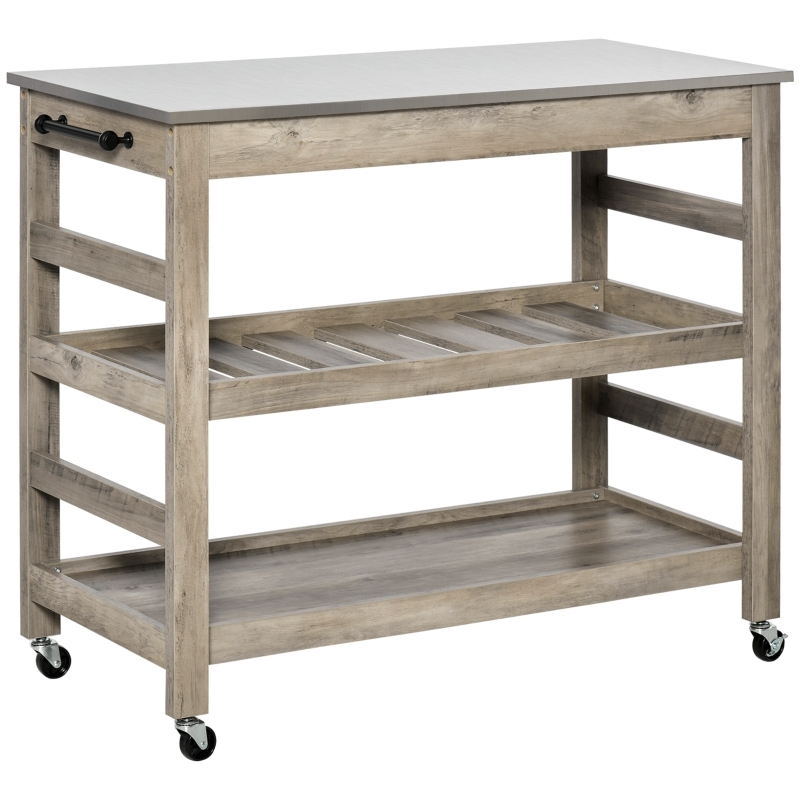 White Rolling Kitchen Cart with Stainless Steel Top & Towel Bars