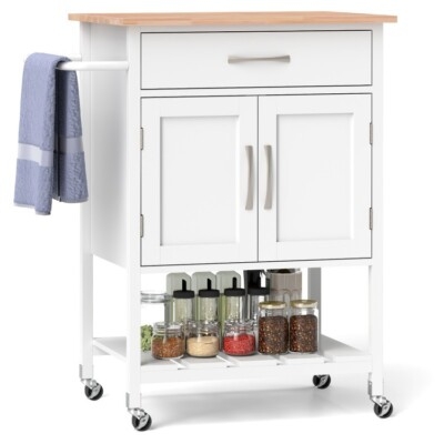 White Rolling Kitchen Cart with Wire Baskets and Slatted Shelves