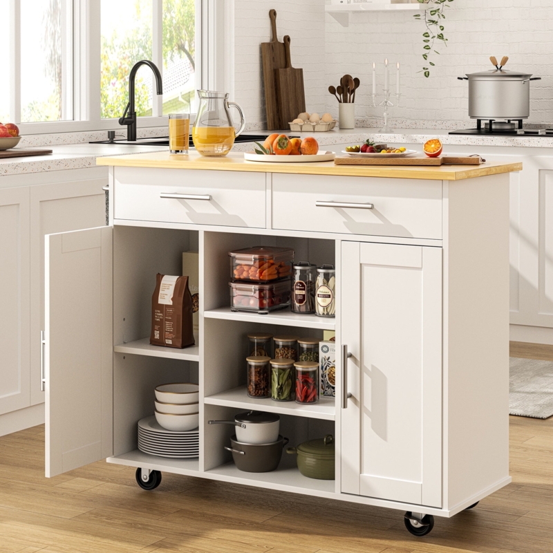 White Rolling Kitchen Island Cart, Multilevel Storage, Wood Top