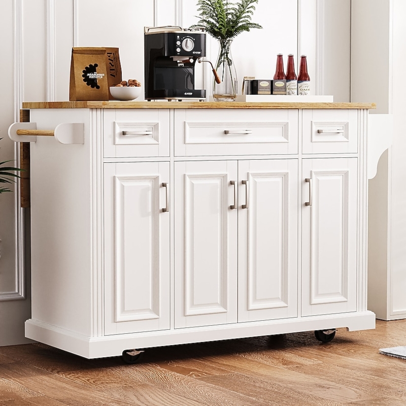 White Rolling Kitchen Island Cart with Geometric Embossed Doors