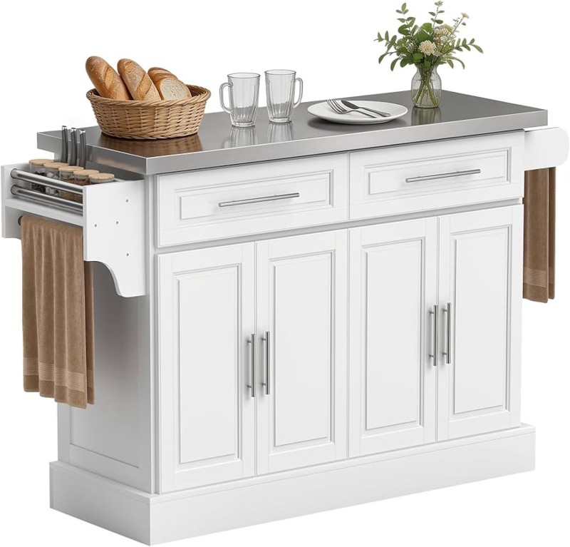 White Rolling Kitchen Island Cart with Spice Rack and Cupboard Doors