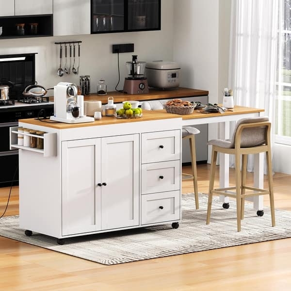 White Rolling Kitchen Island Power Outlet Drop Leaf Drawers