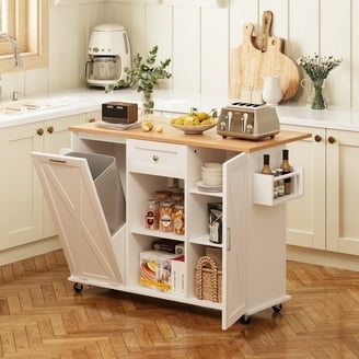 White Rolling Kitchen Island With Drop-Leaf And Tilt-Out Trash Cabinet