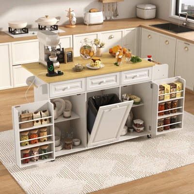 White Rolling Kitchen Island with Drop-Leaf & Integrated Power Outlet