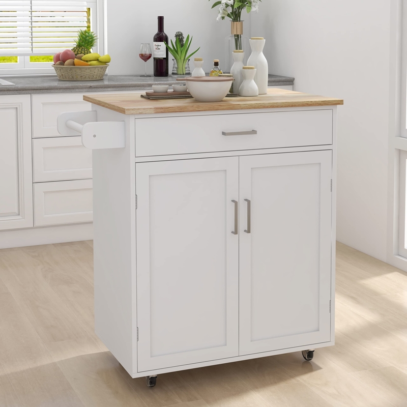 White Rolling Kitchen Island with Shaker Doors and Towel Rack