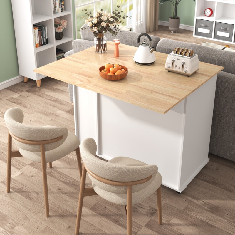White Rolling Kitchen Island with Slatted Doors and Butcher Block Top