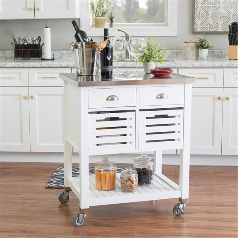 White Rolling Kitchen Island with Stainless Top and Produce Bins