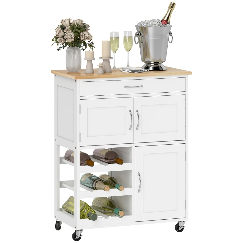 White Rolling Wine Rack Cart with Nine Bottle Capacity and Drawers