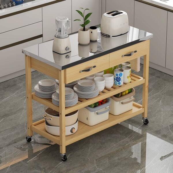 White Rotatable Kitchen Island Cart with Stainless Steel Top