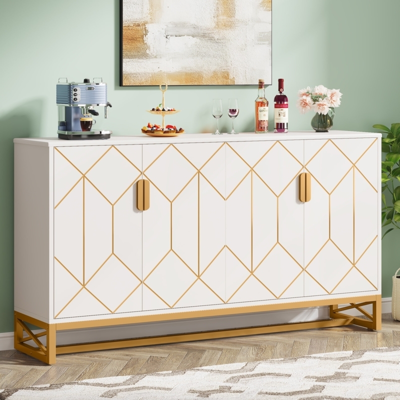 White Sideboard Cabinet with Gold Geometric Diamond Pattern