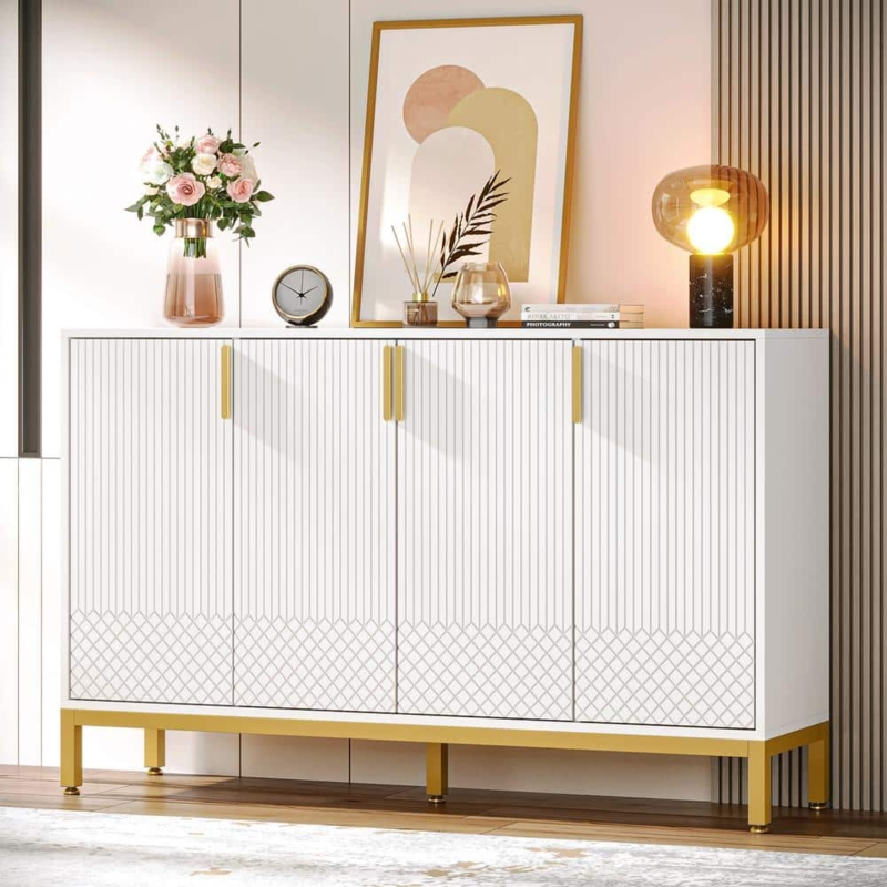 White Sideboard featuring Geometric Circular Door Pattern and Gold Base
