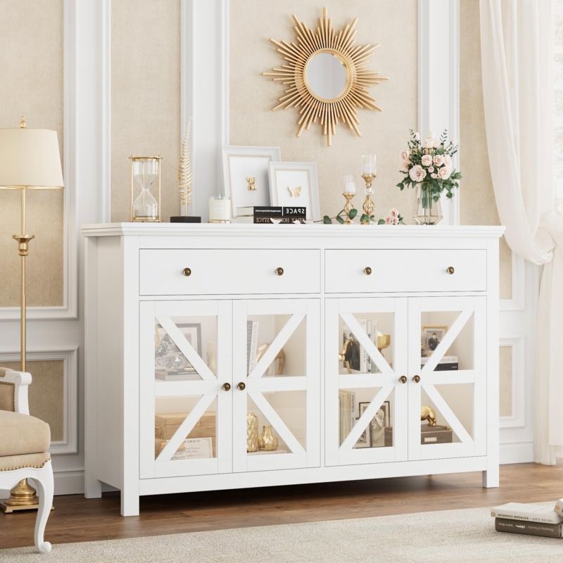 White Sideboard featuring Ribbed Glass Doors and Gold Hardware