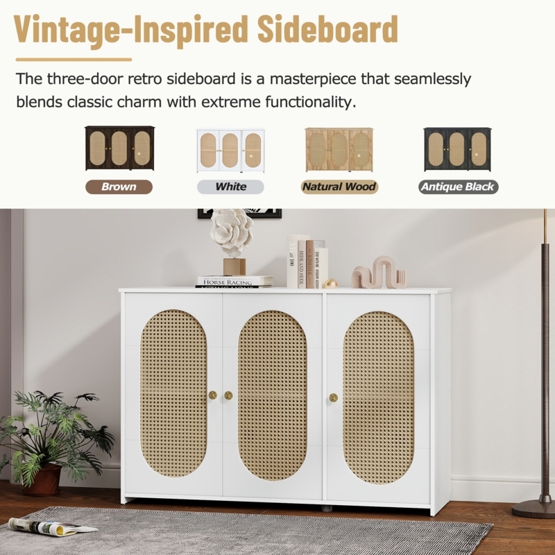 White Sideboard with Arched Rattan Panels and Gold Metal Legs