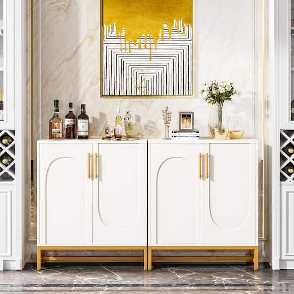 White Sideboard with Faux Marble Top and Gold Geometric Legs