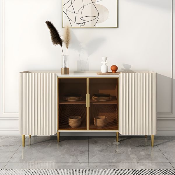 White Sideboard with Fluted Doors, Marble Look Top, and Gold Legs