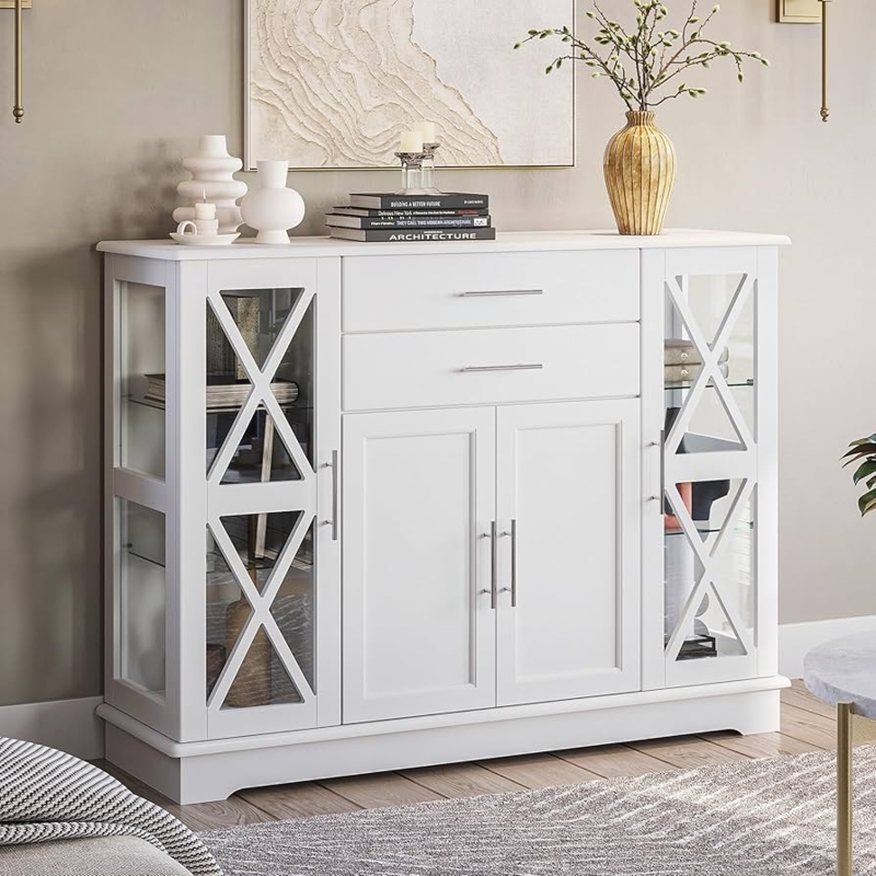 White Sideboard with Glass Front Doors and X-Brace Mullions