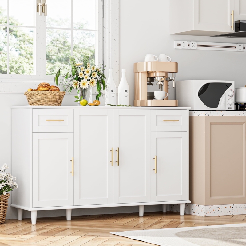 White Sideboard with Vertical Grooved Panels and Natural Wood Top