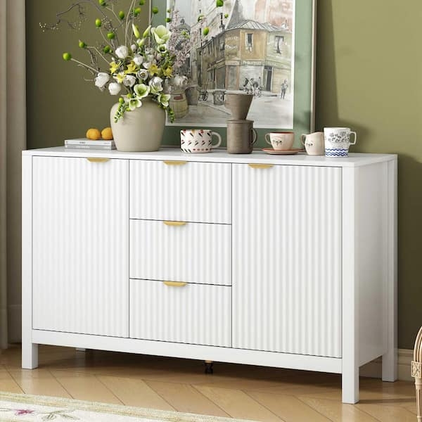 White Sideboard with Wave Design Doors & Gold-Toned Legs